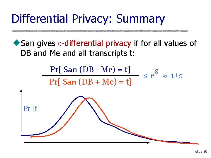 Differential Privacy: Summary u. San gives -differential privacy if for all values of DB