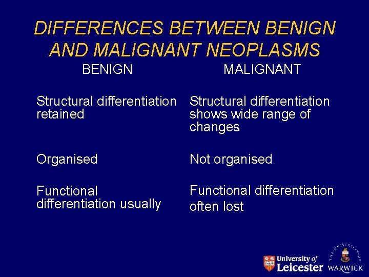 DIFFERENCES BETWEEN BENIGN AND MALIGNANT NEOPLASMS BENIGN MALIGNANT Structural differentiation retained shows wide range