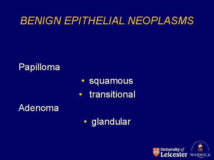 BENIGN EPITHELIAL NEOPLASMS Papilloma • squamous • transitional Adenoma • glandular 