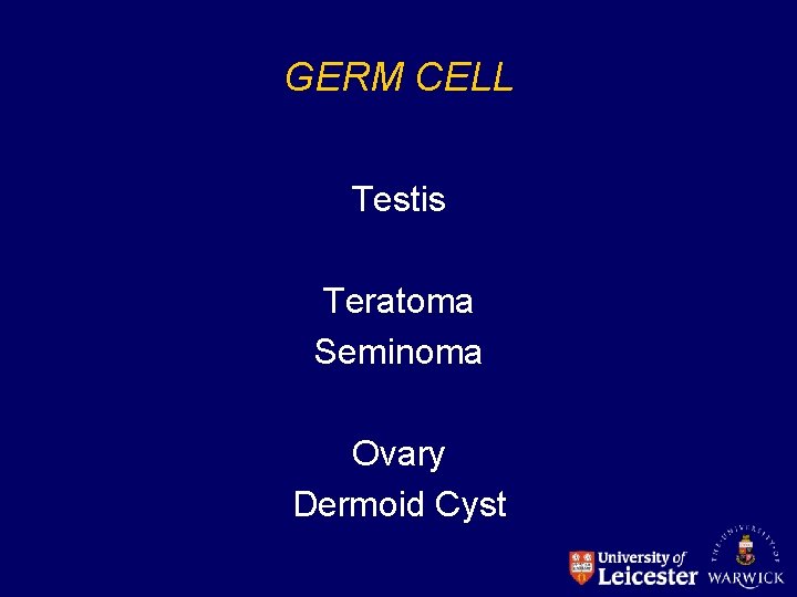 GERM CELL Testis Teratoma Seminoma Ovary Dermoid Cyst 