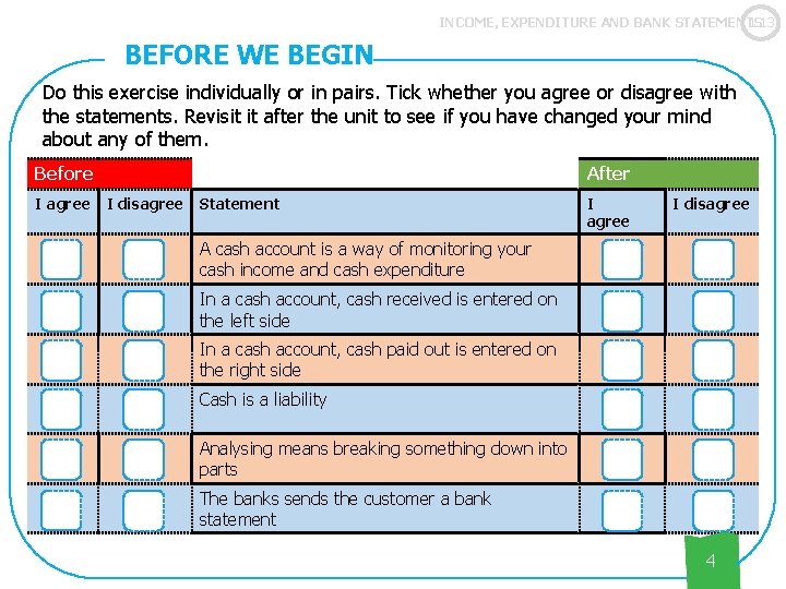 1. 13 INCOME, EXPENDITURE AND BANK STATEMENTS BEFORE WE BEGIN Do this exercise individually