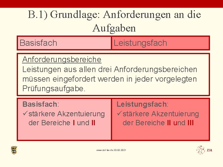 B. 1) Grundlage: Anforderungen an die Aufgaben Leistungsfach Basisfach Anforderungsbereiche Leistungen aus allen drei