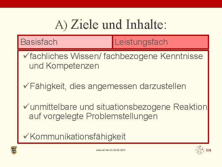 A) Ziele und Inhalte: Basisfach Leistungsfach üfachliches Wissen/ fachbezogene Kenntnisse und Kompetenzen üFähigkeit, dies