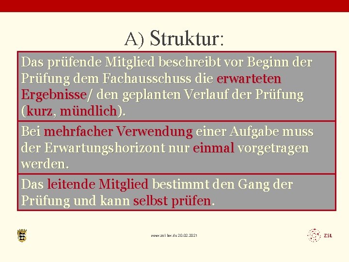 A) Struktur: Das prüfende Mitglied beschreibt vor Beginn der Prüfung dem Fachausschuss die erwarteten