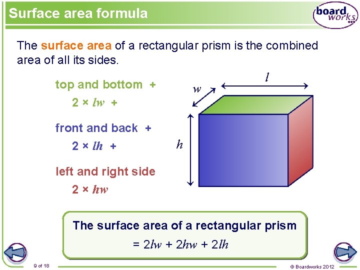 Surface area formula The surface area of a rectangular prism is the combined area