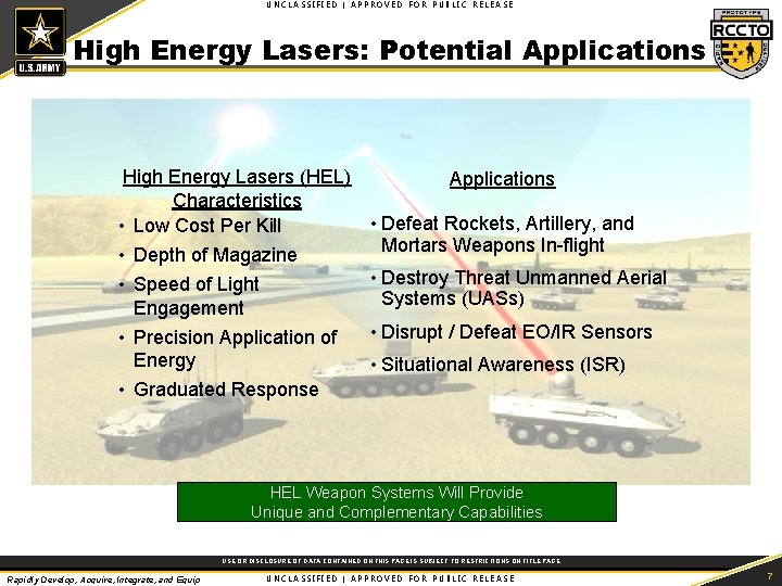 UNCLASSIFIED | APPROVED FOR PUBLIC RELEASE High Energy Lasers: Potential Applications High Energy Lasers