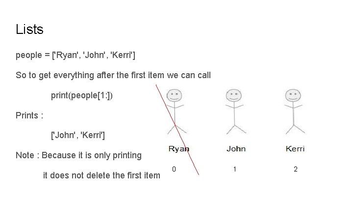 Lists people = ['Ryan', 'John', 'Kerri'] So to get everything after the first item