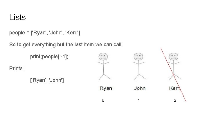 Lists people = ['Ryan', 'John', 'Kerri'] So to get everything but the last item