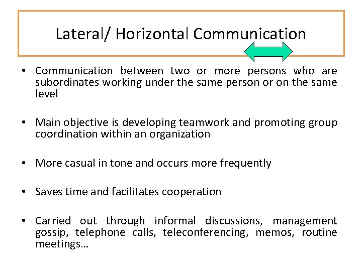 Lateral/ Horizontal Communication • Communication between two or more persons who are subordinates working