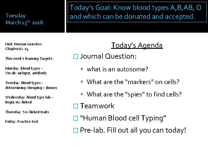 Tuesday March 13 th 2018 Unit: Human Genetics Chapter(s): 14 This week’s learning Targets: