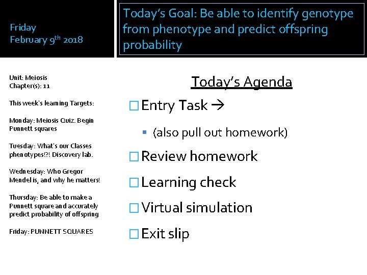 Friday February 9 th 2018 Today’s Goal: Be able to identify genotype from phenotype