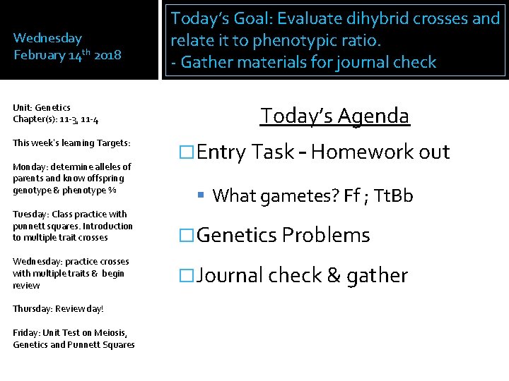 Wednesday February 14 th 2018 Unit: Genetics Chapter(s): 11 -3, 11 -4 This week’s