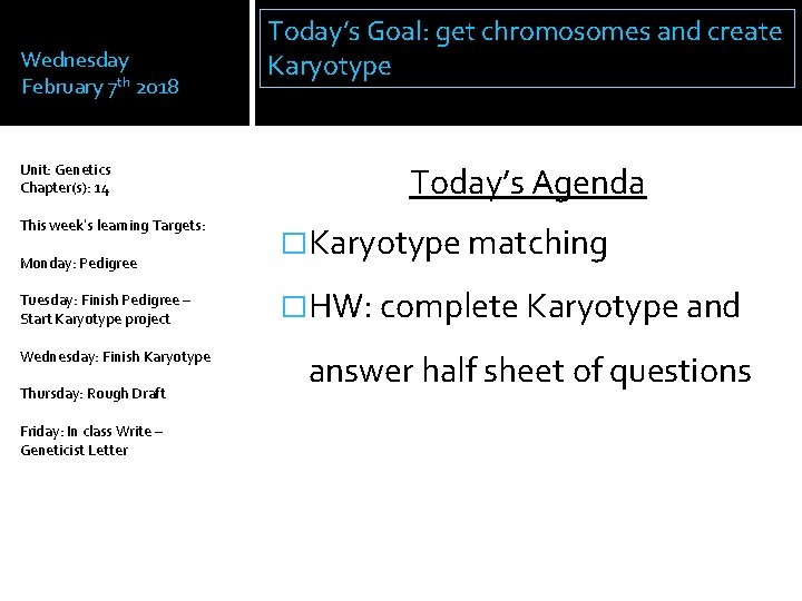 Wednesday February 7 th 2018 Unit: Genetics Chapter(s): 14 This week’s learning Targets: Monday: