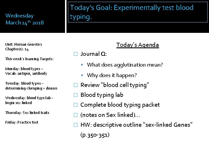 Wednesday March 14 th 2018 Unit: Human Genetics Chapter(s): 14 This week’s learning Targets: