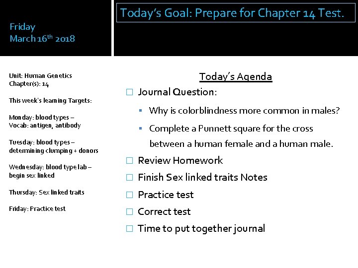 Friday March 16 th 2018 Unit: Human Genetics Chapter(s): 14 This week’s learning Targets: