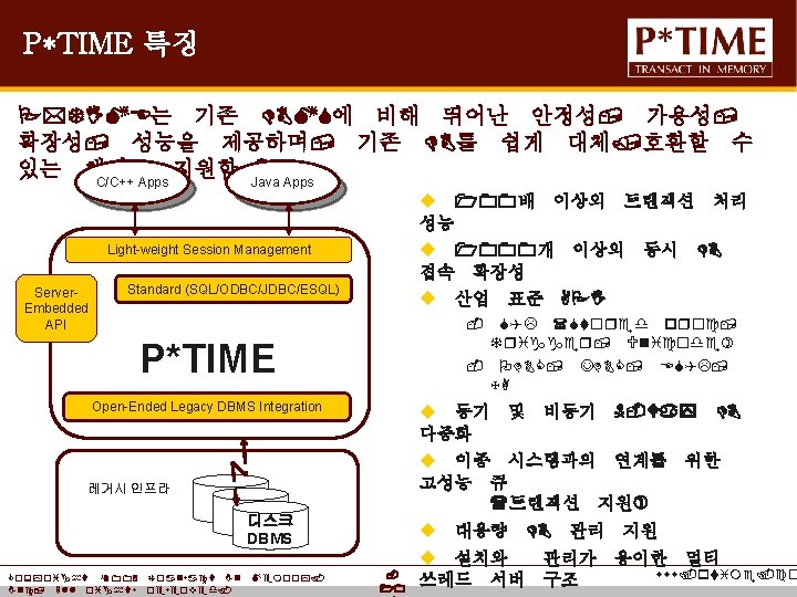 P*TIME 특징 P*TIME는 기존 DBMS에 비해 뛰어난 안정성, 가용성, 확장성, 성능을 제공하며, 기존 DB를