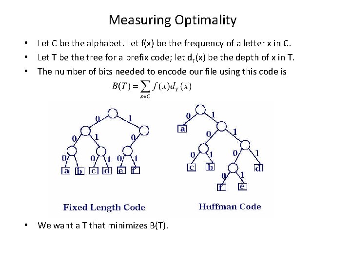 Measuring Optimality • Let C be the alphabet. Let f(x) be the frequency of