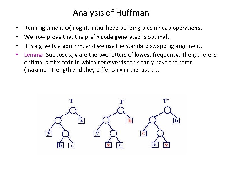 Analysis of Huffman • • Running time is O(nlogn). Initial heap building plus n