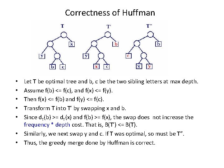 Correctness of Huffman Let T be optimal tree and b, c be the two Correctness of Huffman Let T be optimal tree and b, c be the two