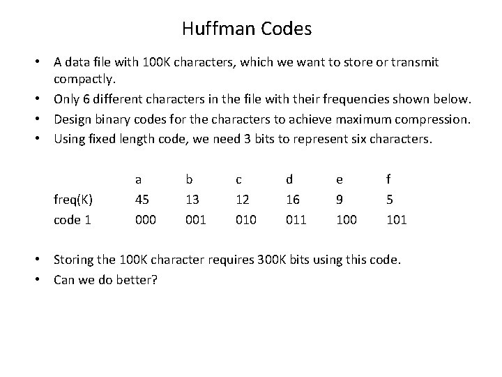 Huffman Codes • A data file with 100 K characters, which we want to
