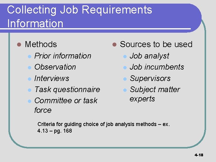 Collecting Job Requirements Information l Methods l l l Prior information Observation Interviews Task