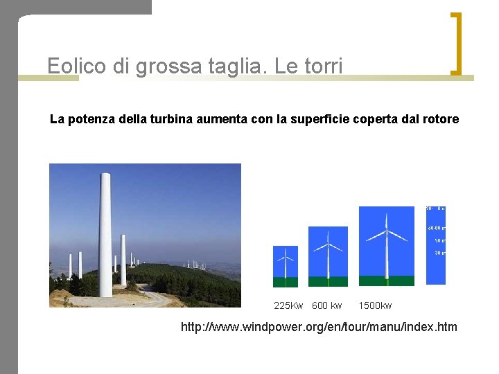 Eolico di grossa taglia. Le torri La potenza della turbina aumenta con la superficie