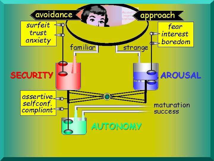 avoidance surfeit trust anxiety approach familiar strange SECURITY fear interest boredom AROUSAL assertive selfconf.