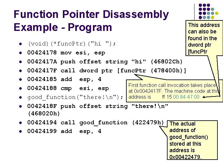 Function Pointer Disassembly Example - Program l l l l l This address can