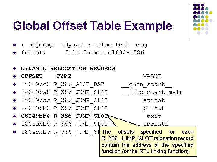 Global Offset Table Example l l l % objdump --dynamic-reloc test-prog format: file format