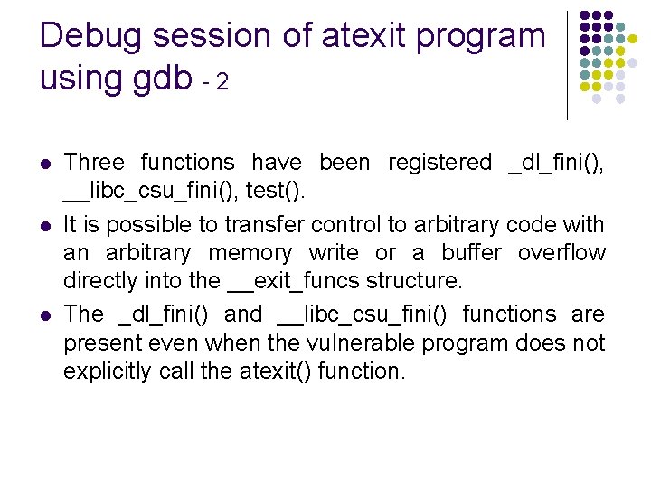 Debug session of atexit program using gdb - 2 l l l Three functions