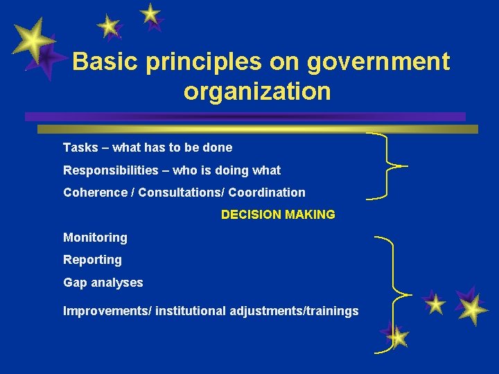 Basic principles on government organization Tasks – what has to be done Responsibilities –