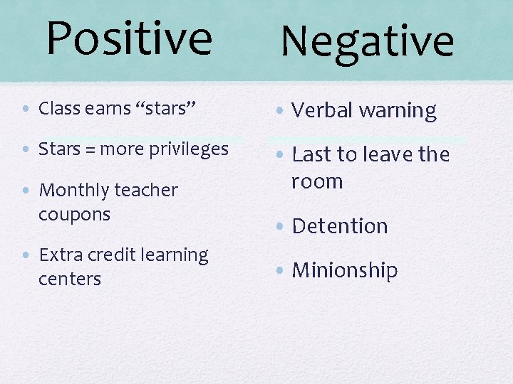 Positive Negative • Class earns “stars” • Verbal warning • Stars = more privileges