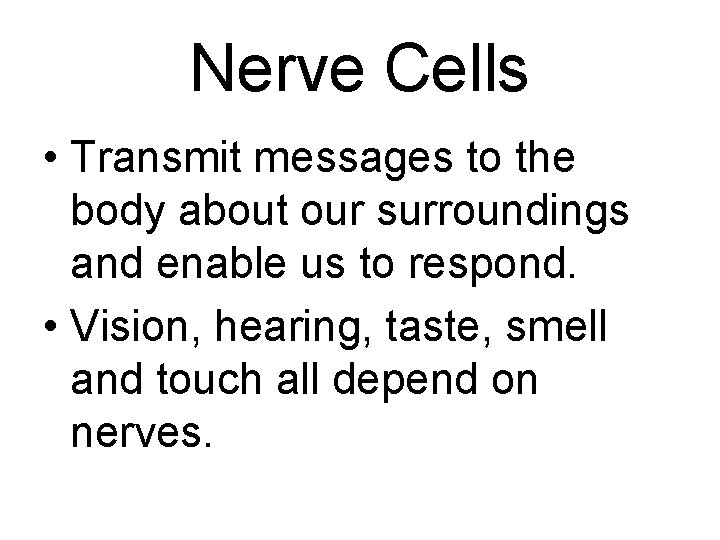 Nerve Cells • Transmit messages to the body about our surroundings and enable us