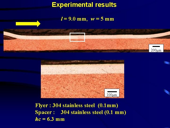 Experimental results l = 9. 0 mm, w = 5 mm 200μm 100μm Flyer