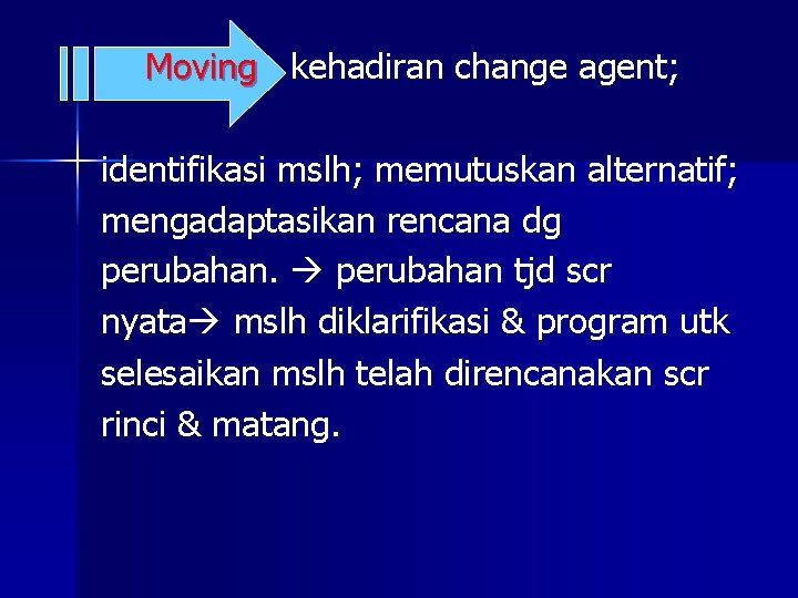 Moving kehadiran change agent; identifikasi mslh; memutuskan alternatif; mengadaptasikan rencana dg perubahan tjd scr