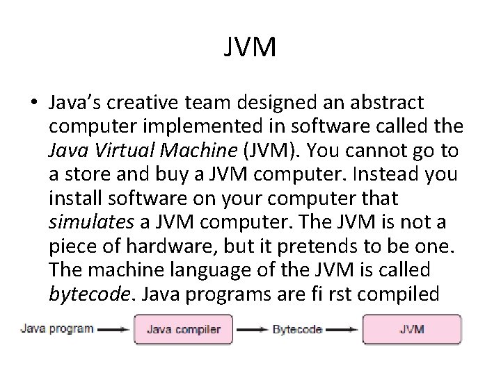 JVM • Java’s creative team designed an abstract computer implemented in software called the