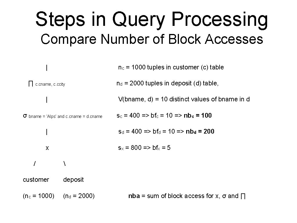 Steps in Query Processing Compare Number of Block Accesses | n c = 1000