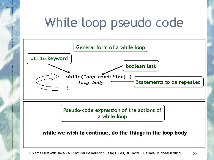 While loop pseudo code General form of a while loop while keyword boolean test