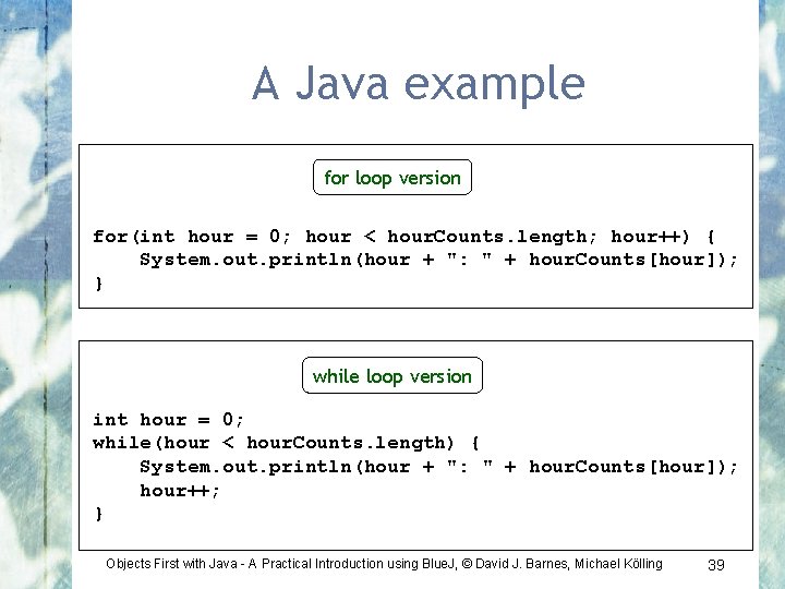 A Java example for loop version for(int hour = 0; hour < hour. Counts.