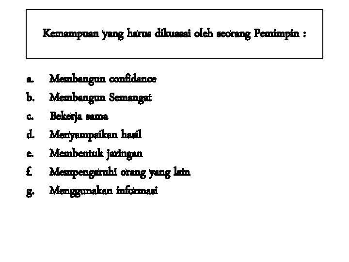 Kemampuan yang harus dikuasai oleh seorang Pemimpin : a. b. c. d. e. f.