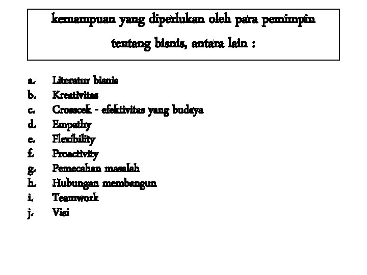 kemampuan yang diperlukan oleh para pemimpin tentang bisnis, antara lain : a. b. c.