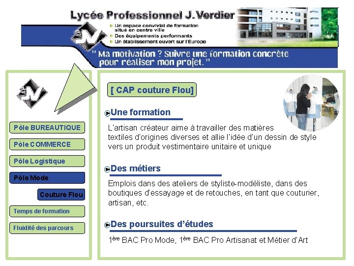 [ CAP couture Flou] Une formation Pôle BUREAUTIQUE Pôle COMMERCE Pôle Logistique Pôle Mode