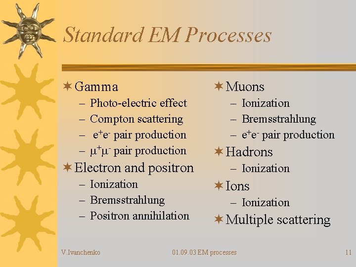 Standard EM Processes ¬ Gamma – – ¬ Muons Photo-electric effect Compton scattering e+e-