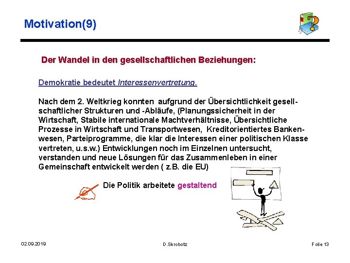 Motivation(9) Der Wandel in den gesellschaftlichen Beziehungen: Demokratie bedeutet Interessenvertretung. Nach dem 2. Weltkrieg