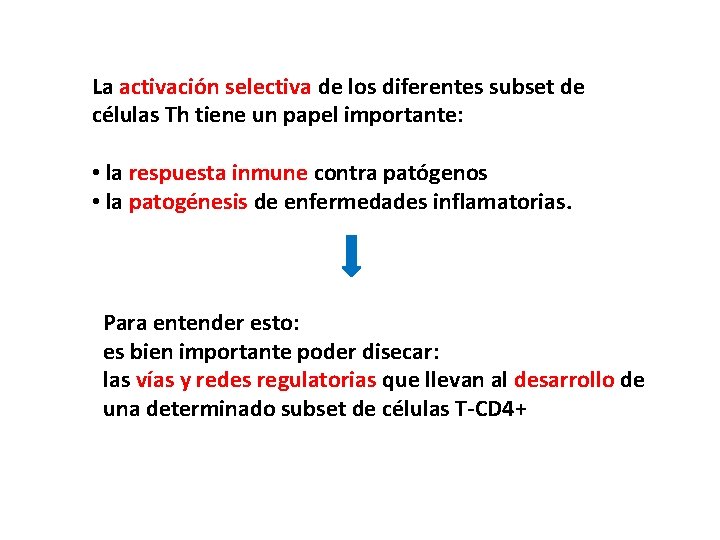 La activación selectiva de los diferentes subset de células Th tiene un papel importante: