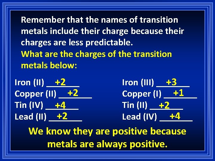 Remember that the names of transition metals include their charge because their charges are