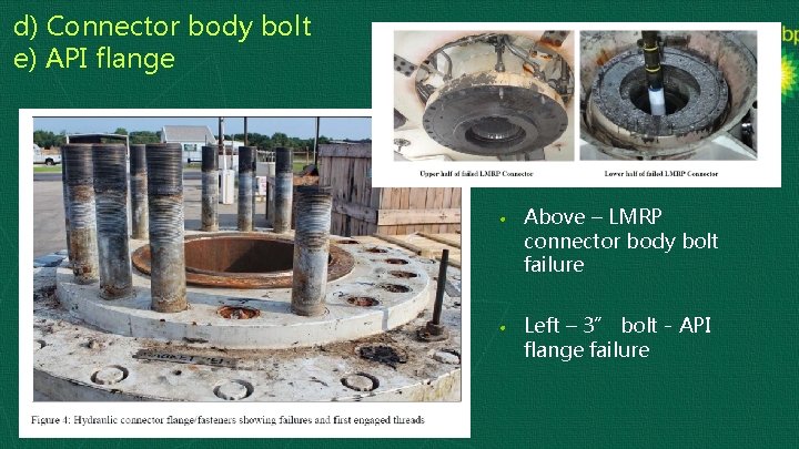 d) Connector body bolt e) API flange • Above – LMRP connector body bolt