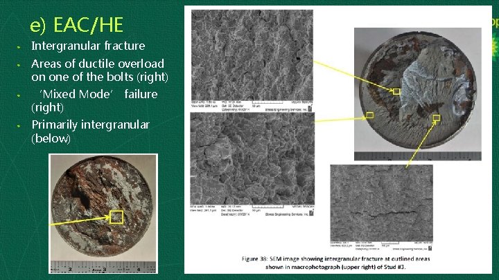 e) EAC/HE • Intergranular fracture • Areas of ductile overload on one of the