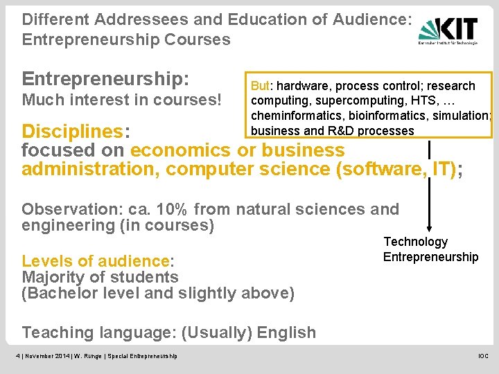 Different Addressees and Education of Audience: Entrepreneurship Courses Entrepreneurship: Much interest in courses! But: