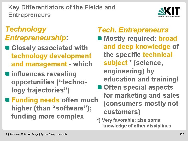 Key Differentiators of the Fields and Entrepreneurs Technology Entrepreneurship: Tech. Entrepreneurs Mostly required: broad